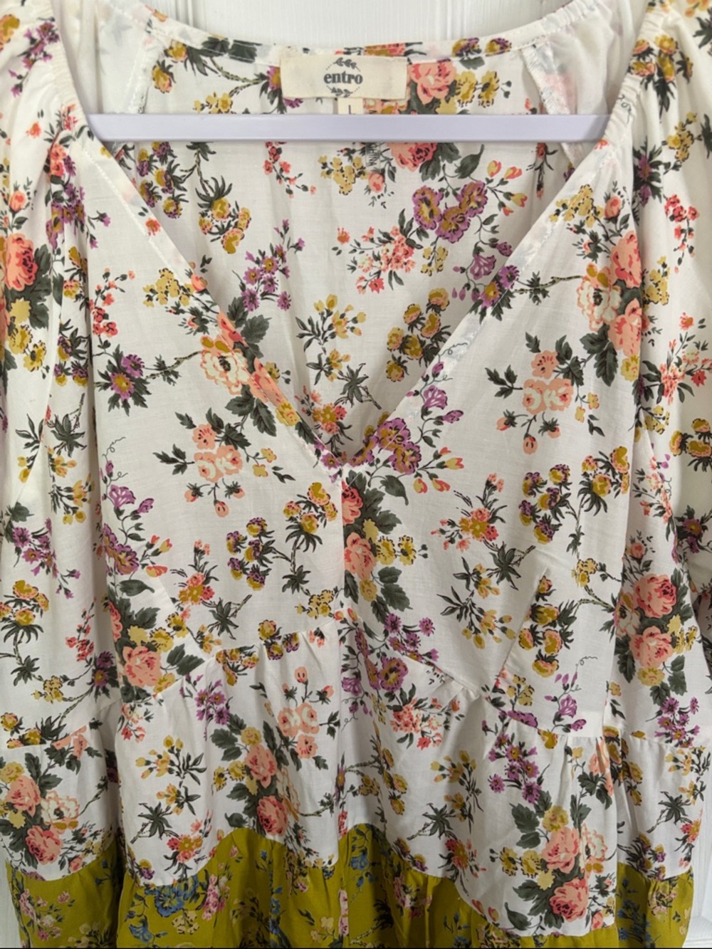 entro Floral Tiered Mini Dress in White, Olive, and Blue - Picture 6 of 11